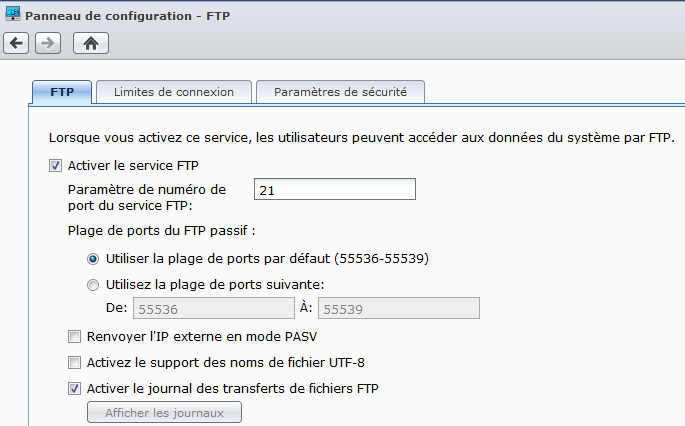 Panneau de configuration du FTP pour activer le service FTP