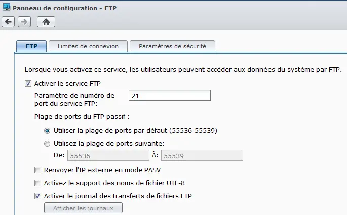 Panneau de configuration du FTP pour activer le service FTP