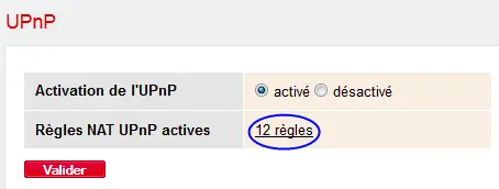 Affichage des règles NAT UPnP de la box Internet