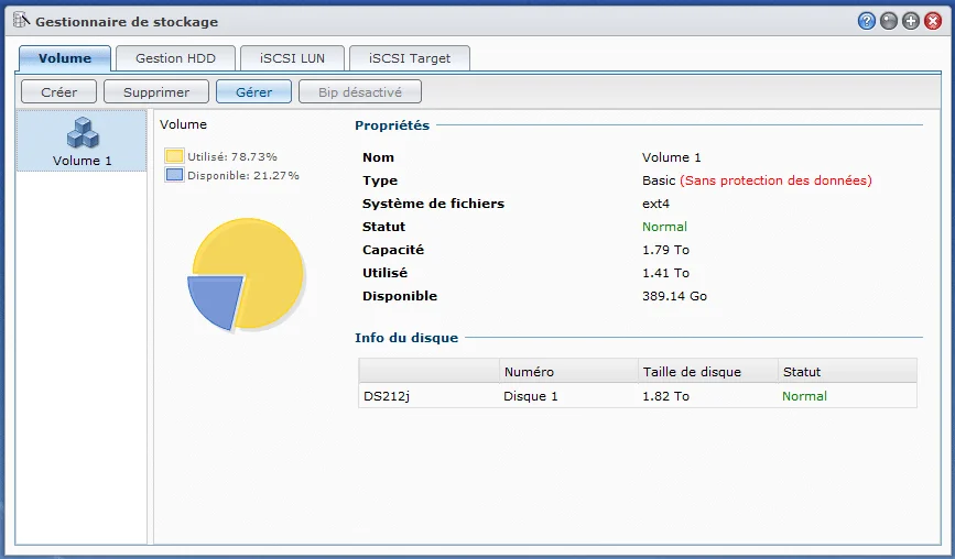 Un volume avec un seul disque dur pour NAS dans le gestionnaire de stockage