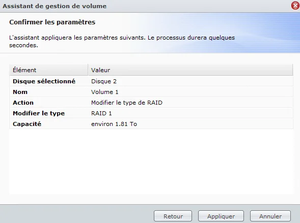 Confirmation de la création du RAID 1