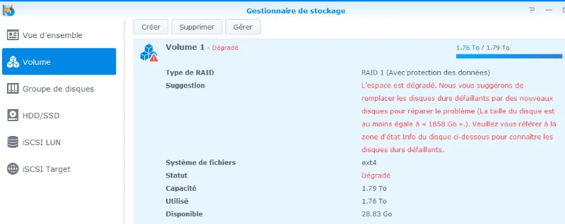 raid 1 dégradé depuis le DSM