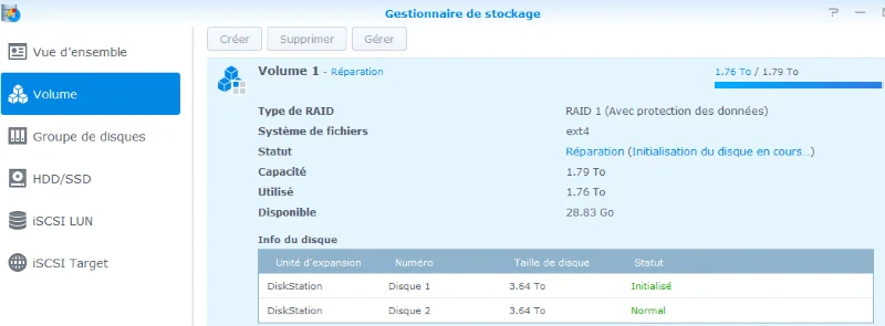 Initialisation du nouveau disque dur sous DSM