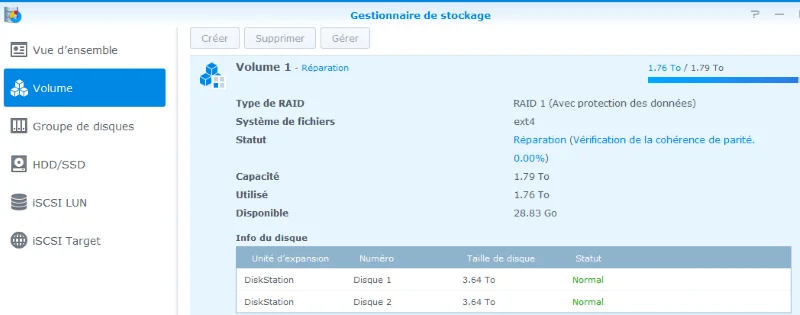 recopie des données sur le nouveau disque dur sous DSM