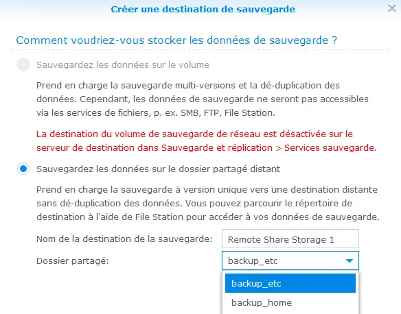 Créer une destination de sauvegarde