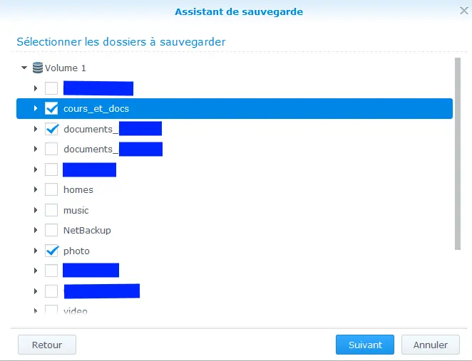 Sélection des dossiers à sauvegarder avec le DSM