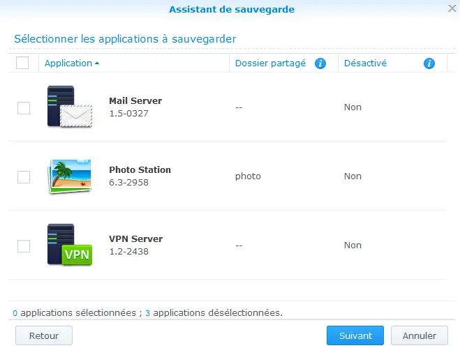 Sélectionner les applications à sauvegarder