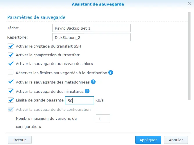 Paramètre de la sauvegarde avec cryptage du transfert SSH