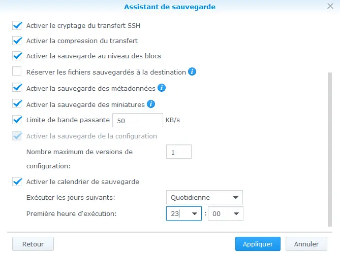 Choix des options de sauvegardes par le réseau