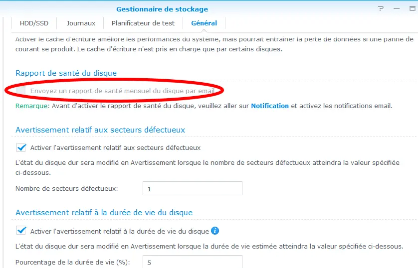 configurer l'envoie des rapports de santé du disque par email