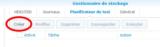 bouton créer pour le test du stockage du NAS
