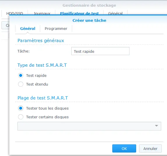 créer un test S.M.A.R.T rapide pour vérifier les disques