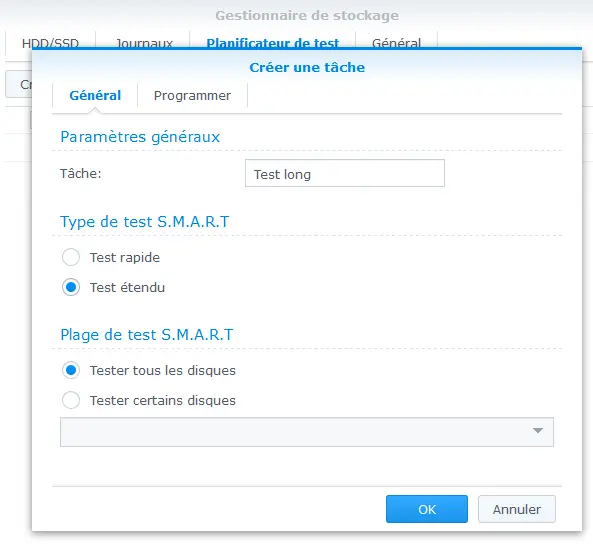 créer un test S.M.A.R.T étendu pour vérifier les disques