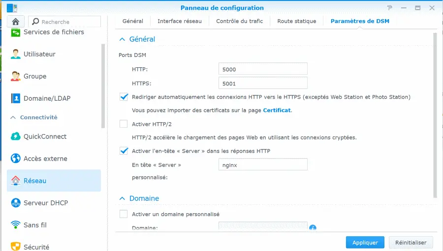 Panneau de configuration pour activer l'HTTPS