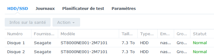 Gestionnaire de disques Synology montrant les 2 disques durs NAS Seagate IronWolf Pro 8 To ST8000NE001
