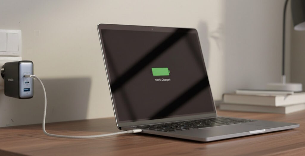 Un ordinateur portable relié au chargeur Anker 736