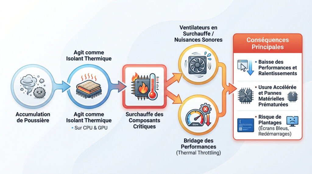 Infographie de l'impact de la poussière sur un ordinateur