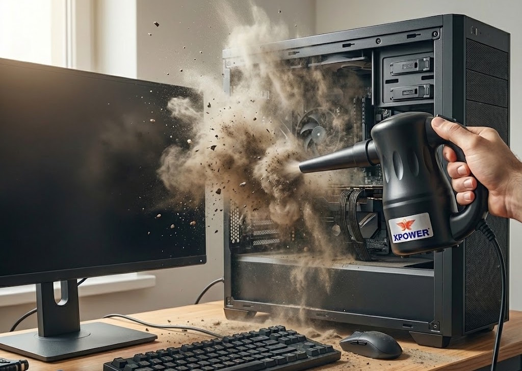 Le souffleur XPOWER qui enlève la poussière d'un ordinateur
